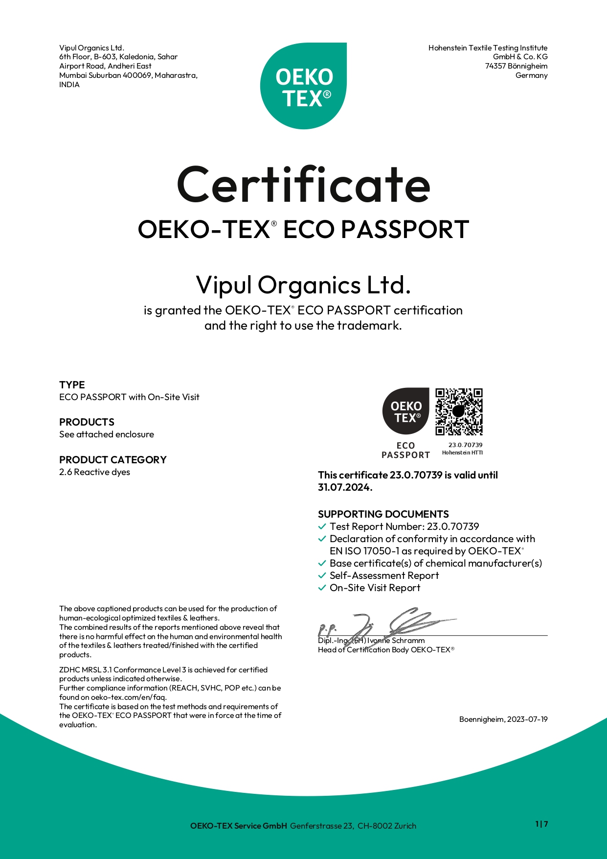 OEKO-TEX ECO PASSPORT Certificate